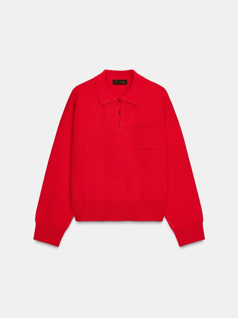 Zara Red Long-Sleeve Polo Knit with Chest Pocket Medium